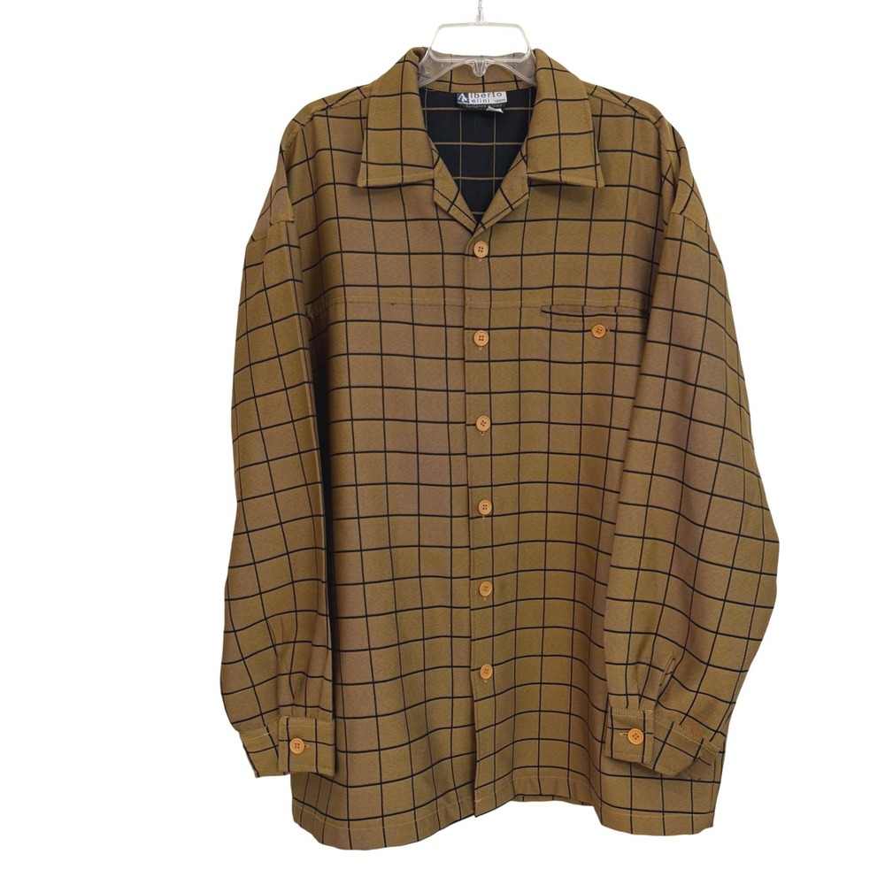 VTG Alberto Celini Uomo Camp Collar Shirt XXXL Gold Black Grid Windowpane 80's